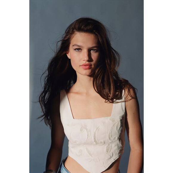 Urban Outfitters white denim corset mesh crop - Picture 1 of 4